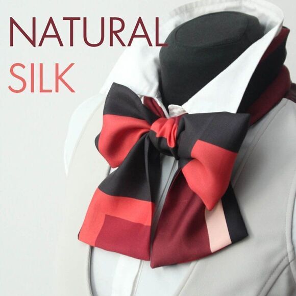 Red Black Maroon Square Ornament Silk Skinny Scarf - Picture 1 of 6